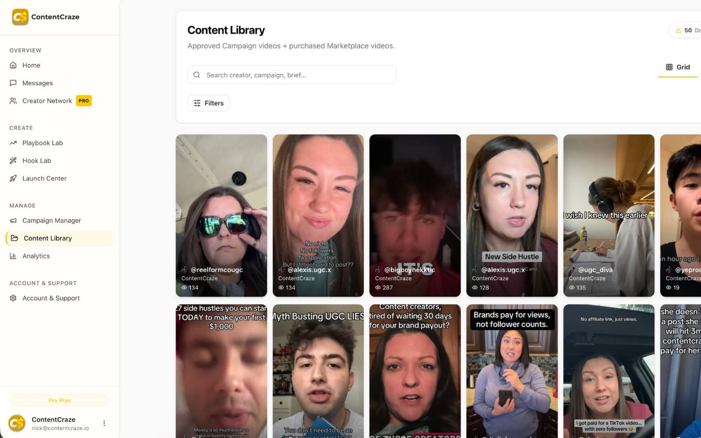 Example of a weekly performance report a UGC Engineer would deliver to a client